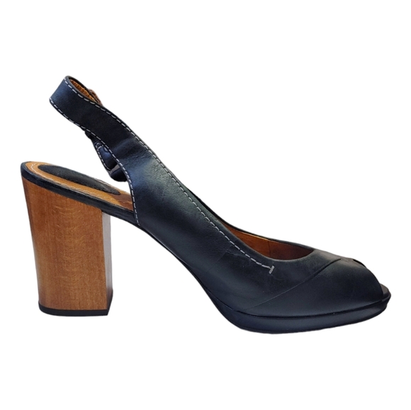 Fossil Black Leather Peep Toe Buckle Ankle  Wooden Block Heels Women's Size 10 - Picture 2 of 12